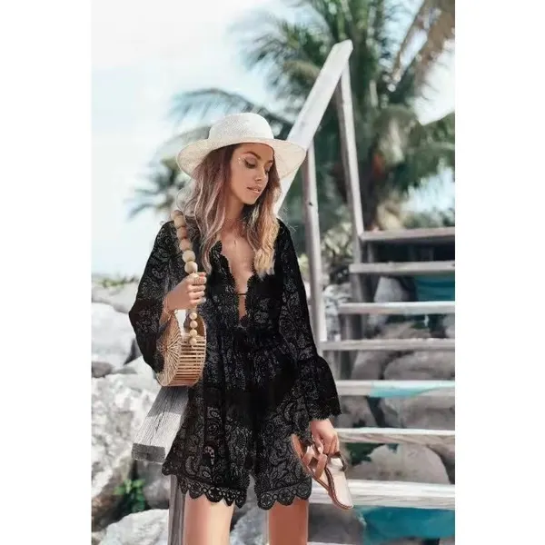 V-Neck Lace Beach Cover-Up