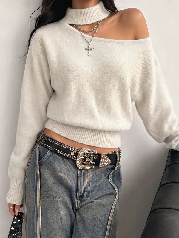 Off-Shoulder Rabbit Fur Knit Sweater