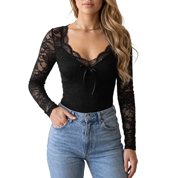 Lace-Panel Long-Sleeve Bodysuit