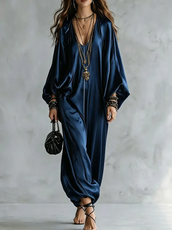 Loose Satin Robe-Style Jumpsuit
