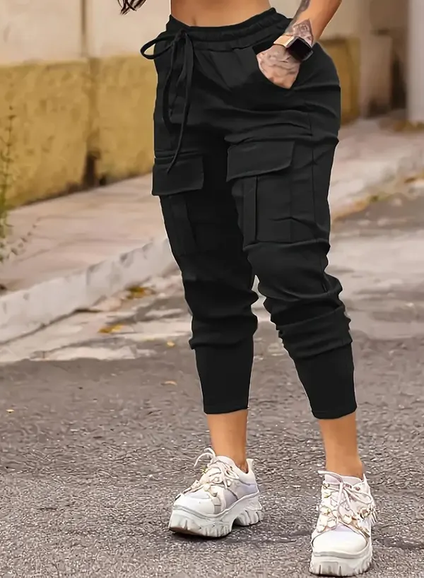 High Waist Drawstring Cargo Trousers