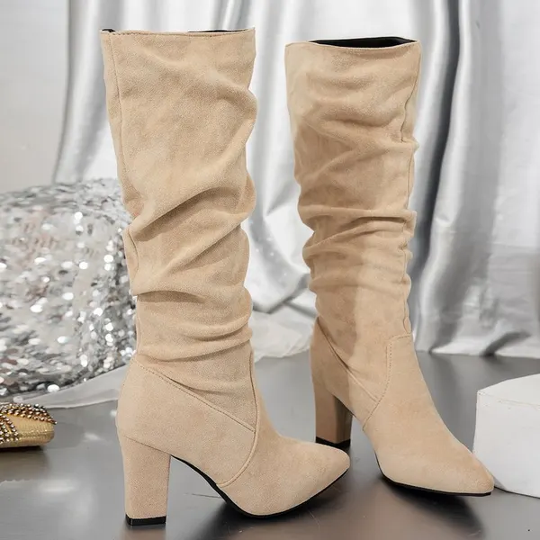 Pleated Flock Mid-Calf Boots