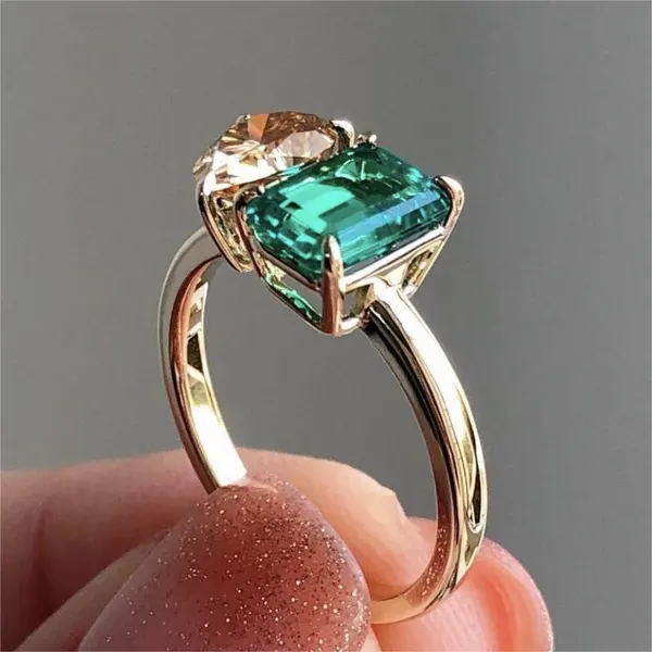 Gold-Tone Green and Yellow Square Zircon Ring