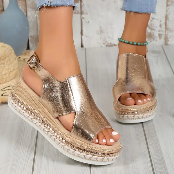 Shiny Hollow Peep-Toe Wedge Sandals