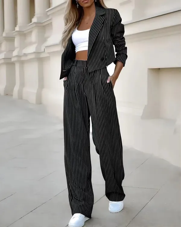 Striped Lapel Cropped Top and Straight Pants Set