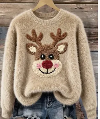 Santa Print Lantern Sleeve Knit Sweater