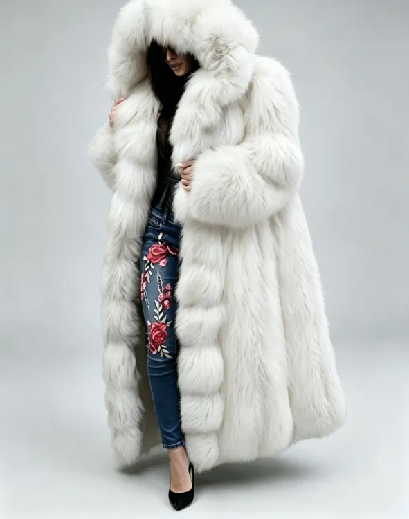 Long Hooded Faux Fur Coat