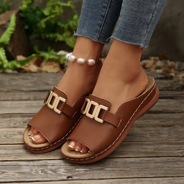 Chain-Trim Peep-Toe Platform Wedge