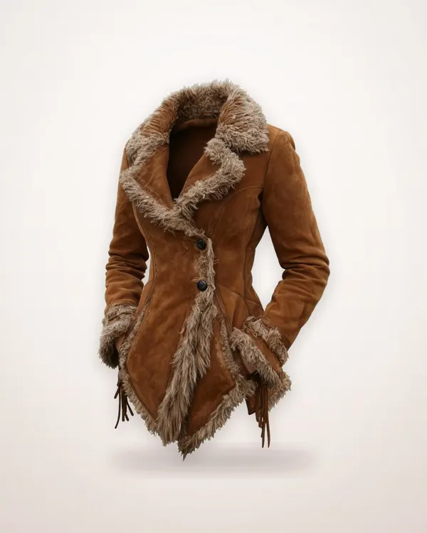 Retro Suede Coat with Fur Collar
