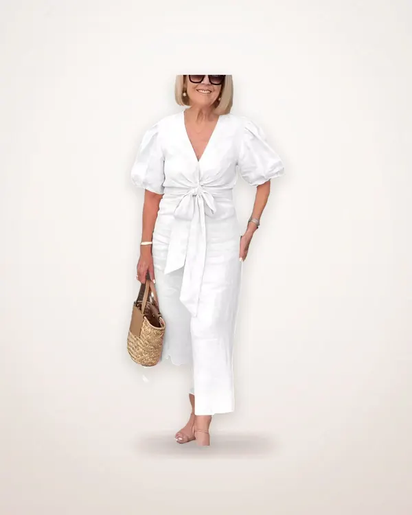 V-Neck Tie Puff Sleeve Cotton Dress
