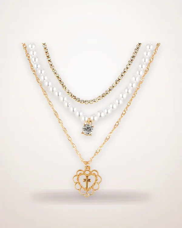 Three-Strand Pearl and Rhinestone Necklace