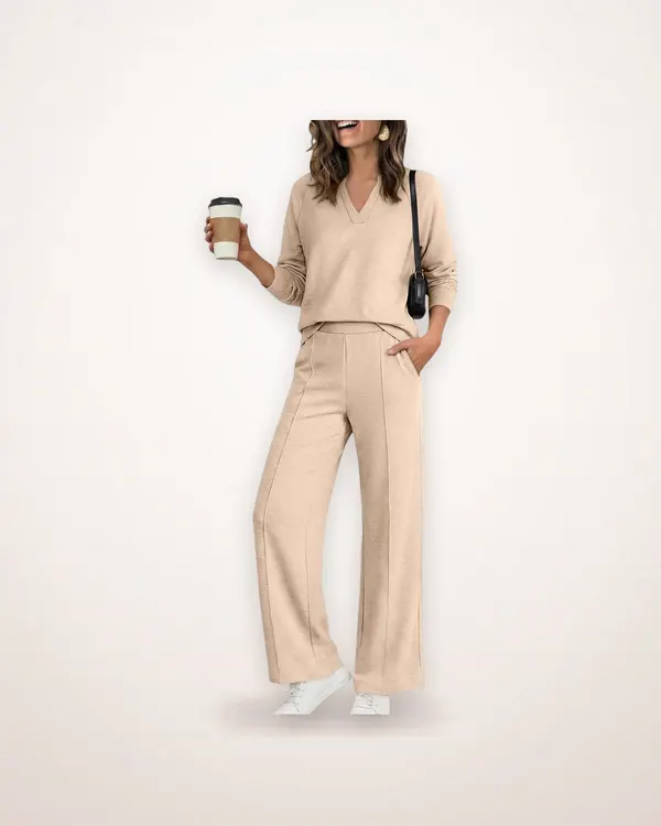 Solid Color V-Neck Sweatshirt and Trousers Set