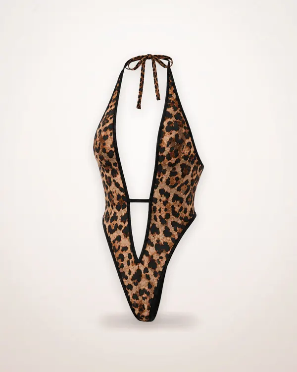 Leopard Print Backless Plunge Bodysuit
