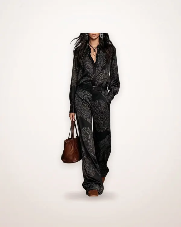 Long-Sleeve Paisley Shirt and Wide-Leg Pants Set