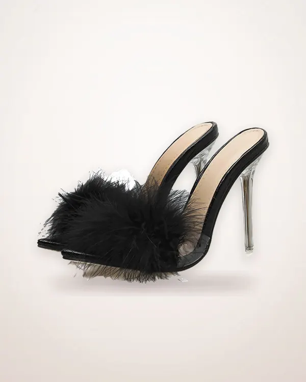Feather-Trim Crystal Heel Mules
