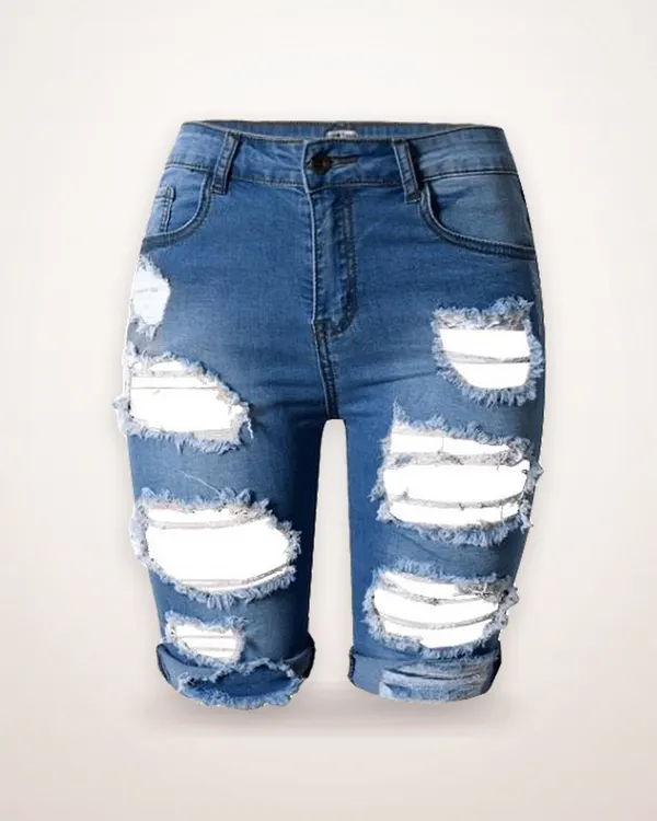 High-Waist Distressed Stretch Shorts
