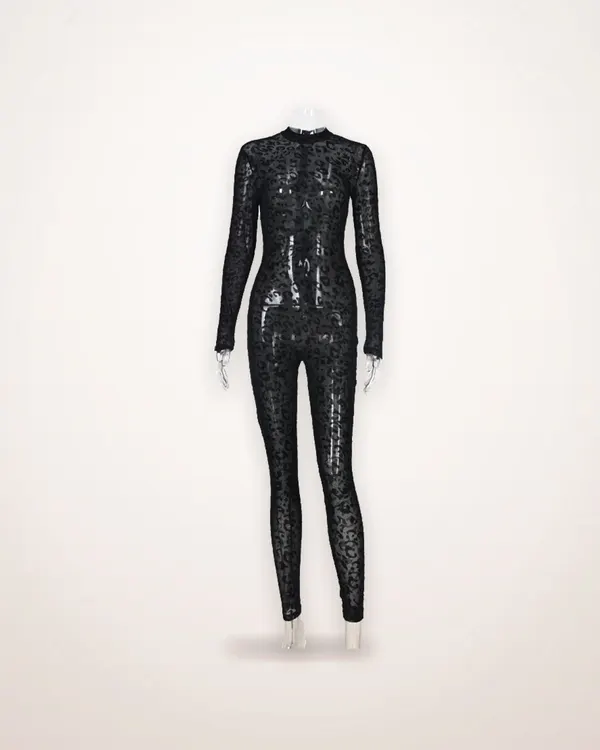 Flocked Leopard Long-Sleeve Jumpsuit