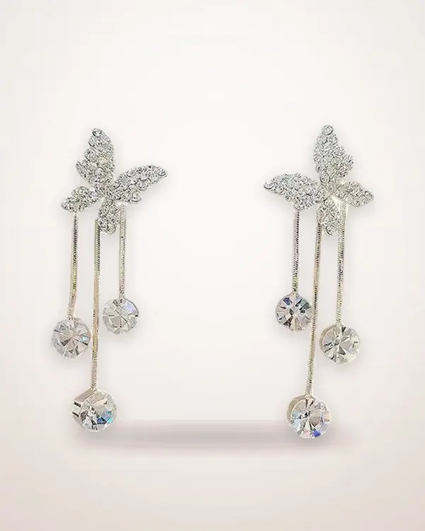 Butterfly Rhinestone Drop Earrings with Pearl Tassel