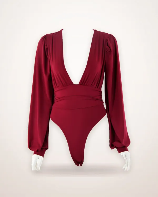 Deep V Pleated Waist Long-Sleeve Bodysuit