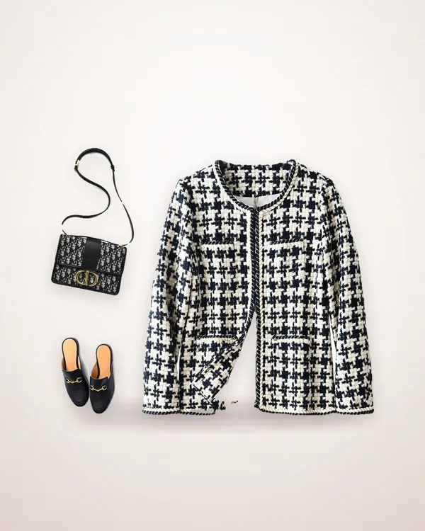 Navy Houndstooth Round-Neck Jacket