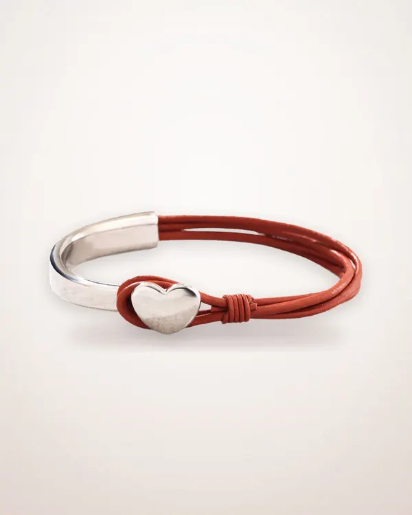 Silver Leather Heart Charm Bracelet