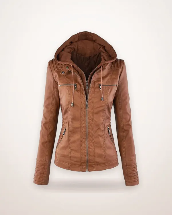 Detachable Hood Faux Leather Zip Jacket