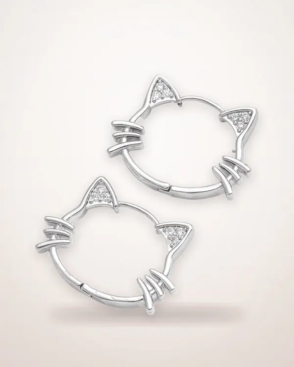 Cat Hoop Earrings with Diamond Inlay