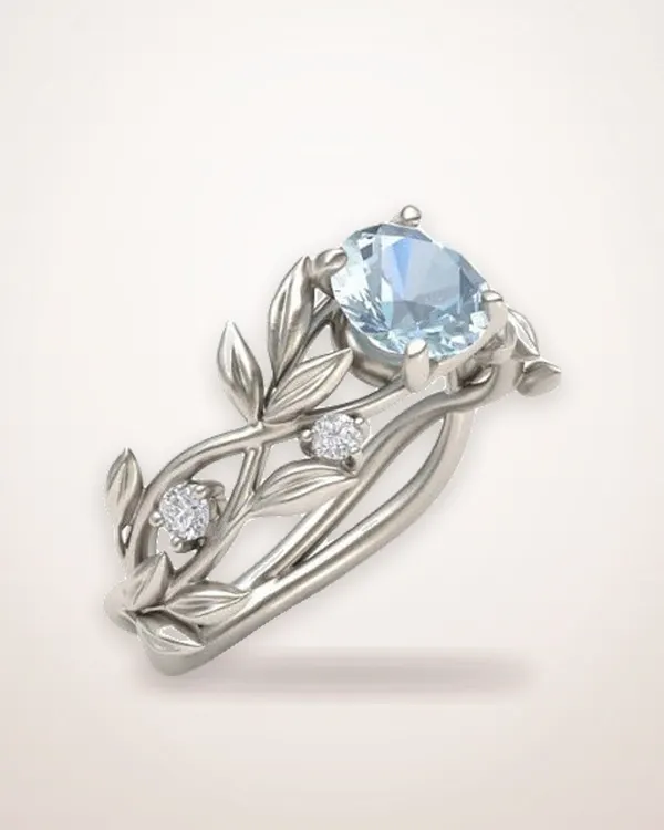 Leaf Motif Zircon Princess Ring