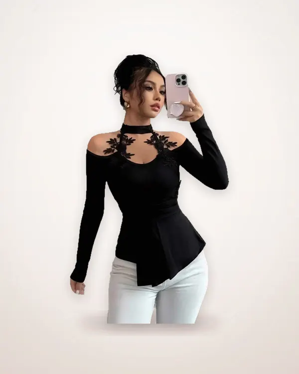 Open-Shoulder Pleated Hem Slim Top