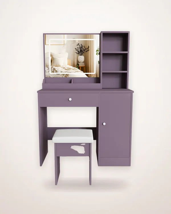 Purple Vanity Desk Set with Lighted Mirror and Stool