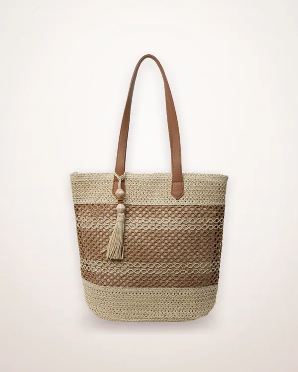 Striped Straw Shoulder Bag with Tassel