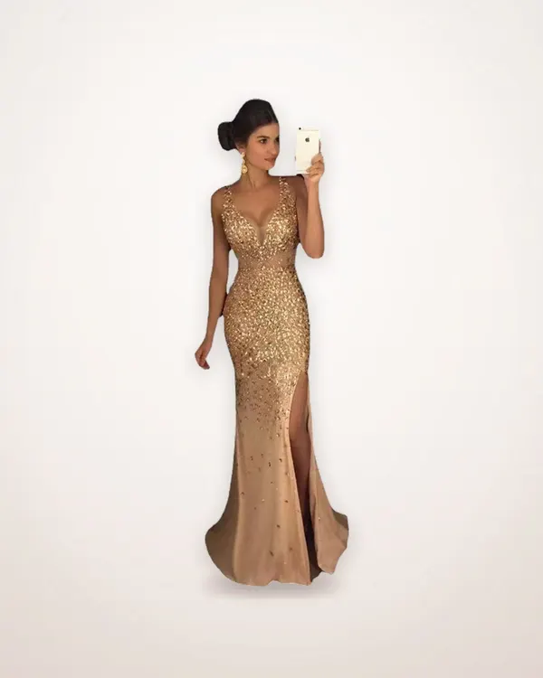 Gold Stamped Slit Evening Gown