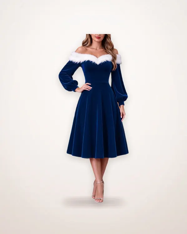 Velvet Off-Shoulder Midi Dress with Fur Collar