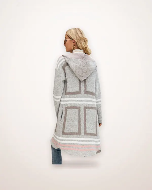 Hooded Plaid Knit Cardigan