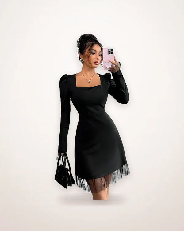 Square-Neck Puff-Sleeve Mesh A-Line Dress