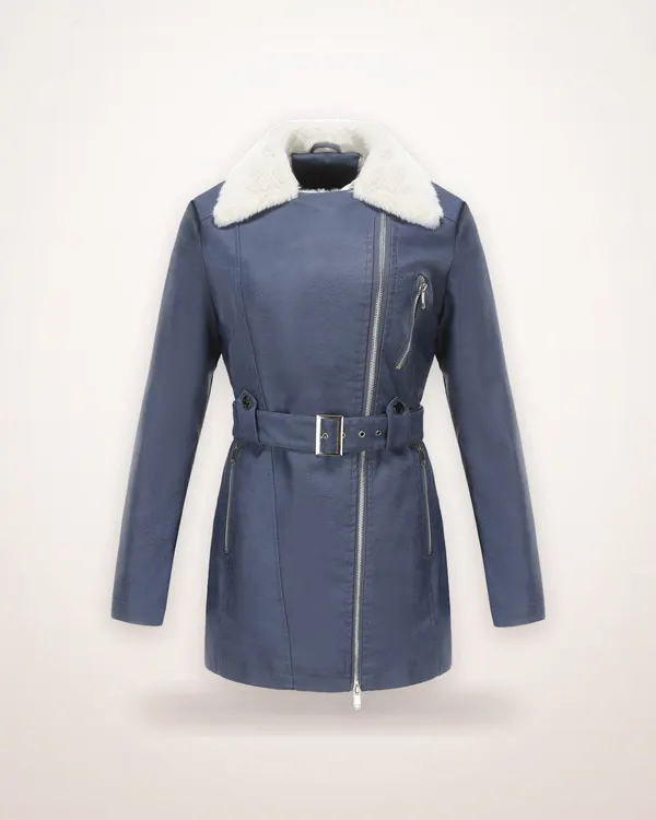 Belted Leather-Finish Coat with Double Zip