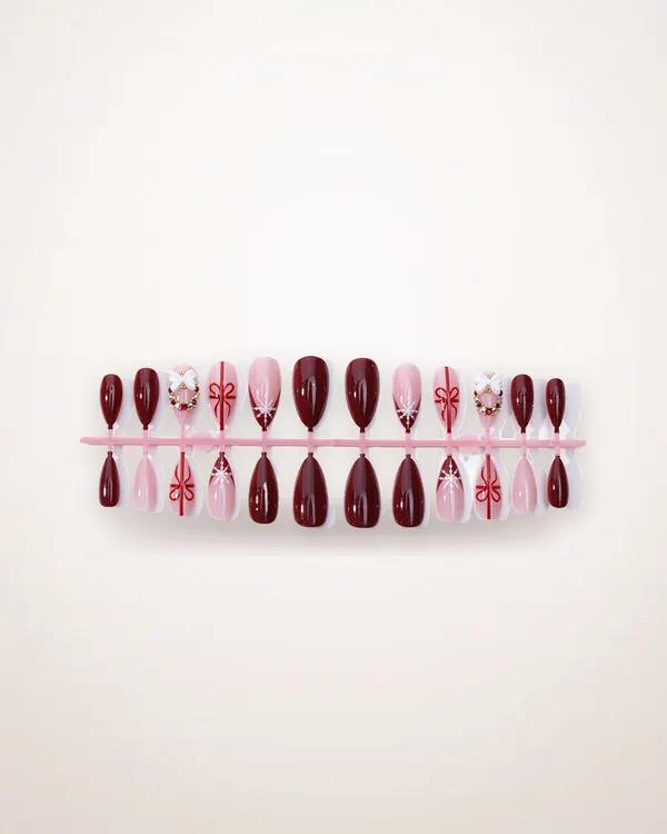 Red Ombre Almond Press-On Nails with Bow