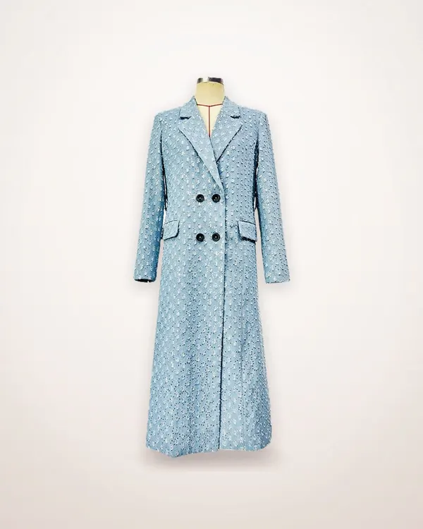 Light Blue Tweed Belted Long Coat