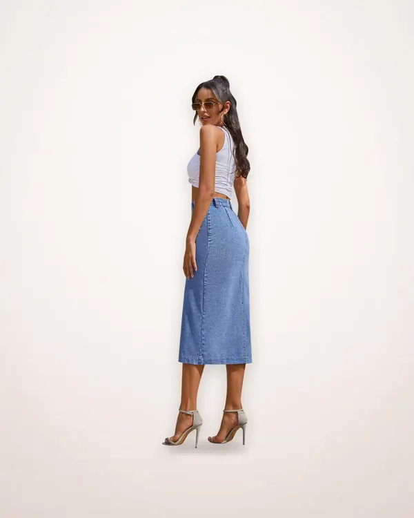 Spliced High Waist Long Denim Skirt