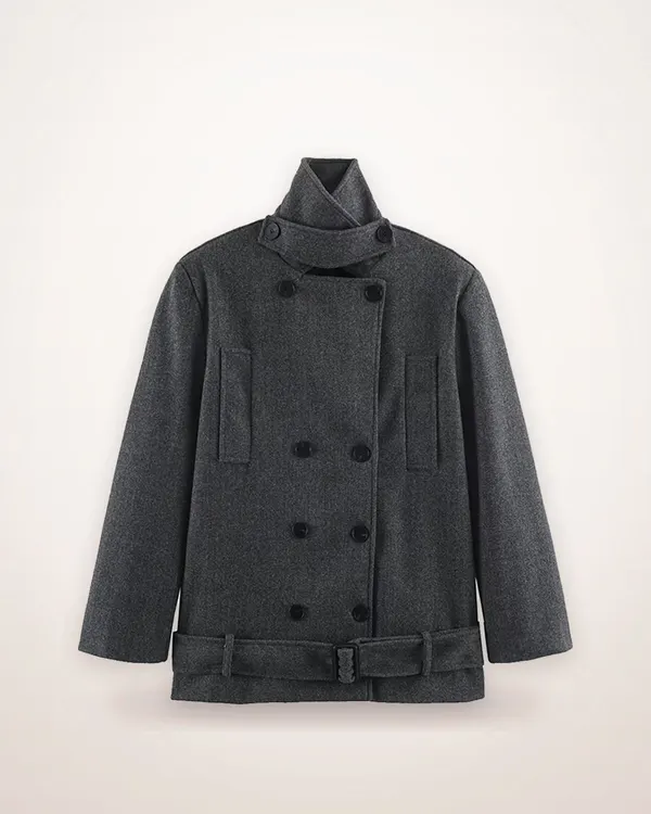 Double-Breasted Short Coat with Scarf Collar