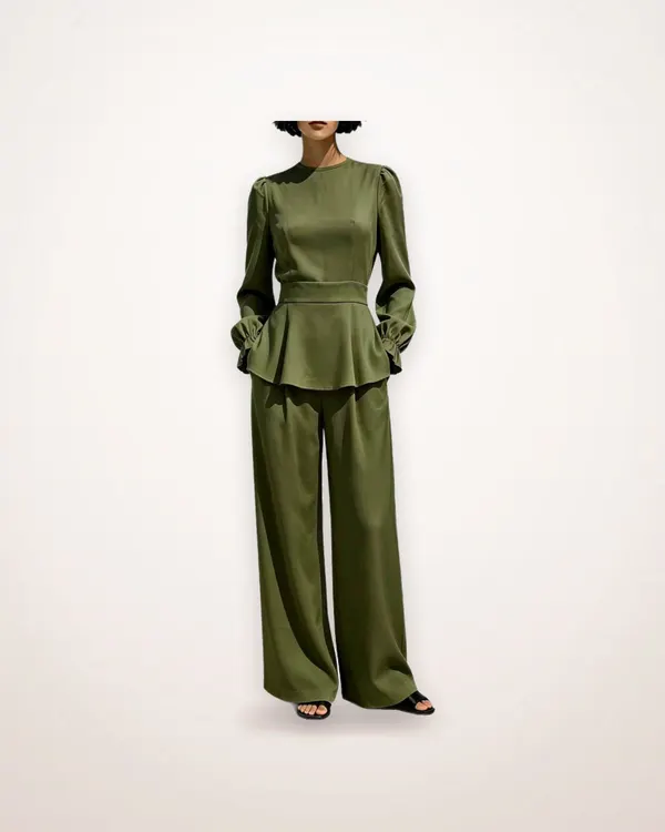 Puff Sleeve Waist-Defining Top and Trouser Set