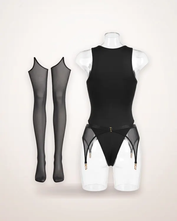 Sheer Mesh Bodysuit and Garter Stocking Set