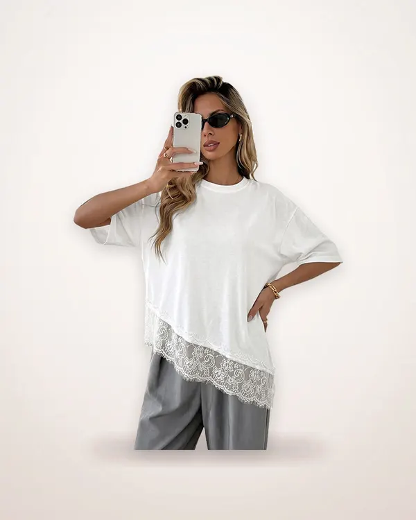 White Lace Patchwork Mid-Sleeve Top