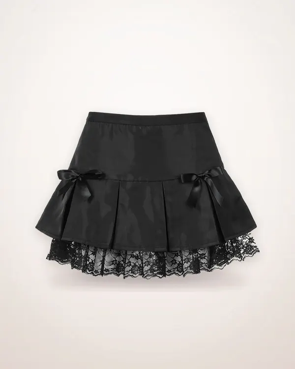 Black Pleated Mini Skirt with Lace Trim