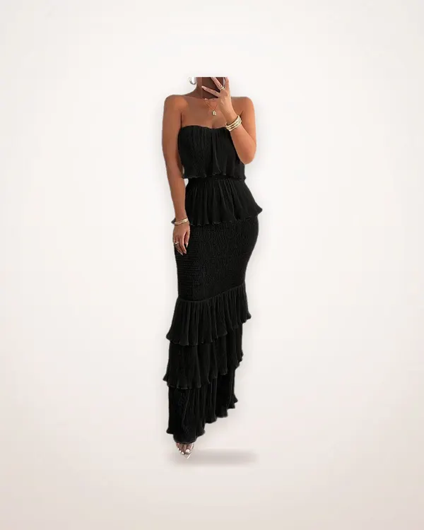 Ruched Pleated Strapless Long Dress