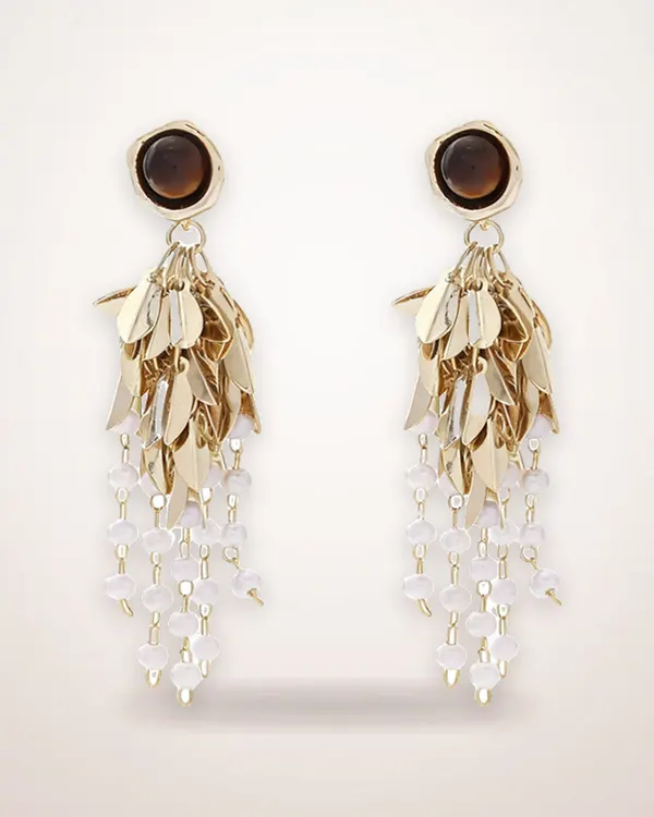 Cat's Eye Leaf Tassel Earrings