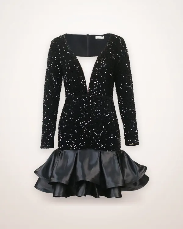Deep V Sequin Long Sleeve Mini Dress