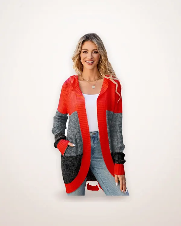Mid-Length Hooded Contrast Knit Cardigan