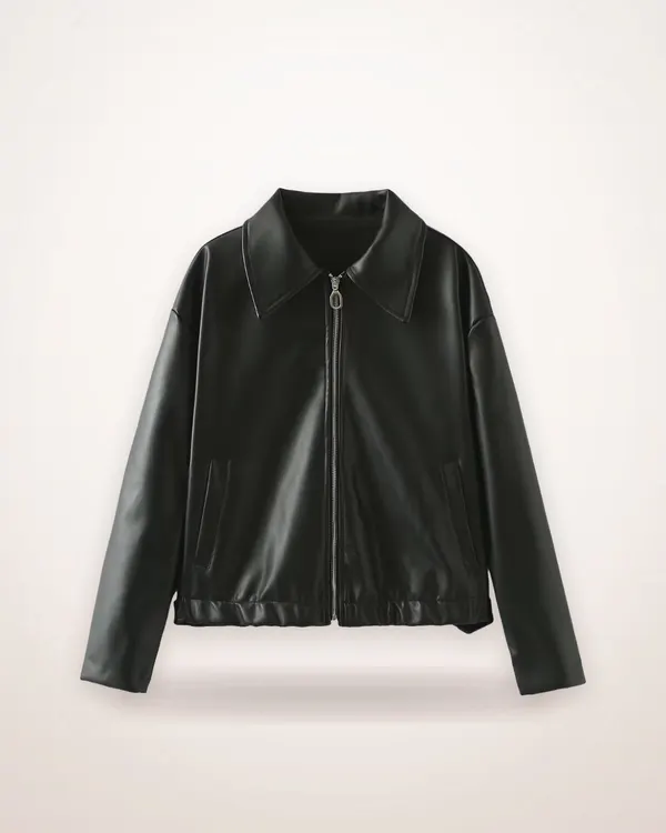 Lapel Collar Faux Leather Zip Jacket