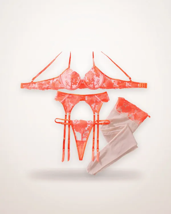 Floral Lace Push-Up Set with Stockings
